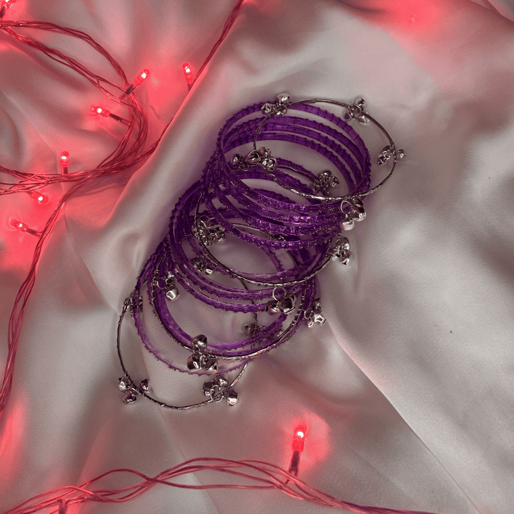 Purple Colour Raindrop Bangles & Silver Kashmiri Ghungru Bangles