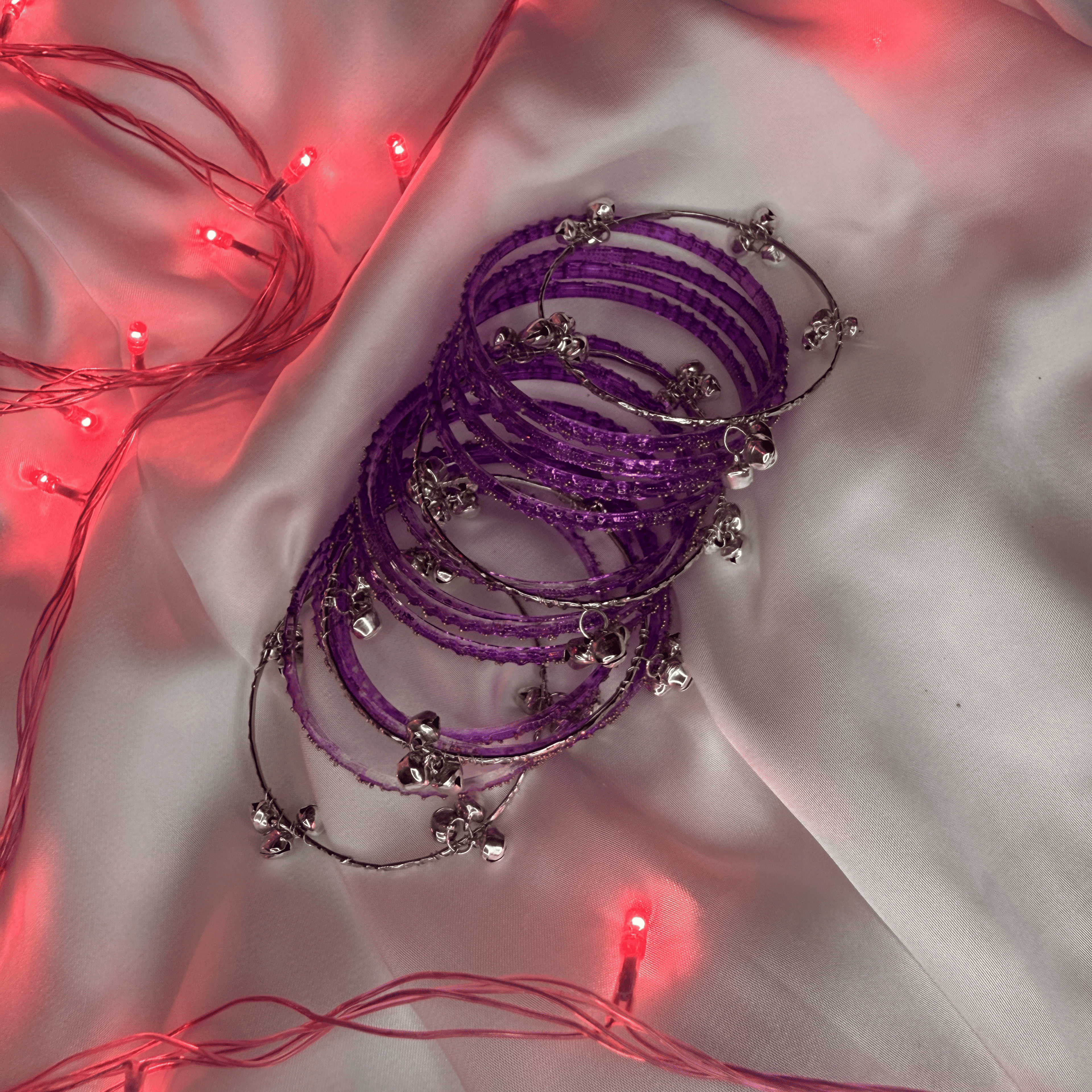 Purple Colour Raindrop Bangles & Silver Kashmiri Ghungru Bangles