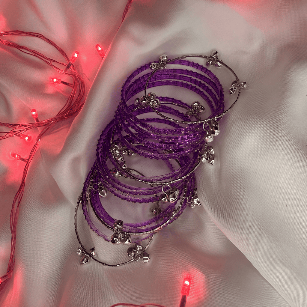 Purple Colour Raindrop Bangles & Silver Kashmiri Ghungru Bangles