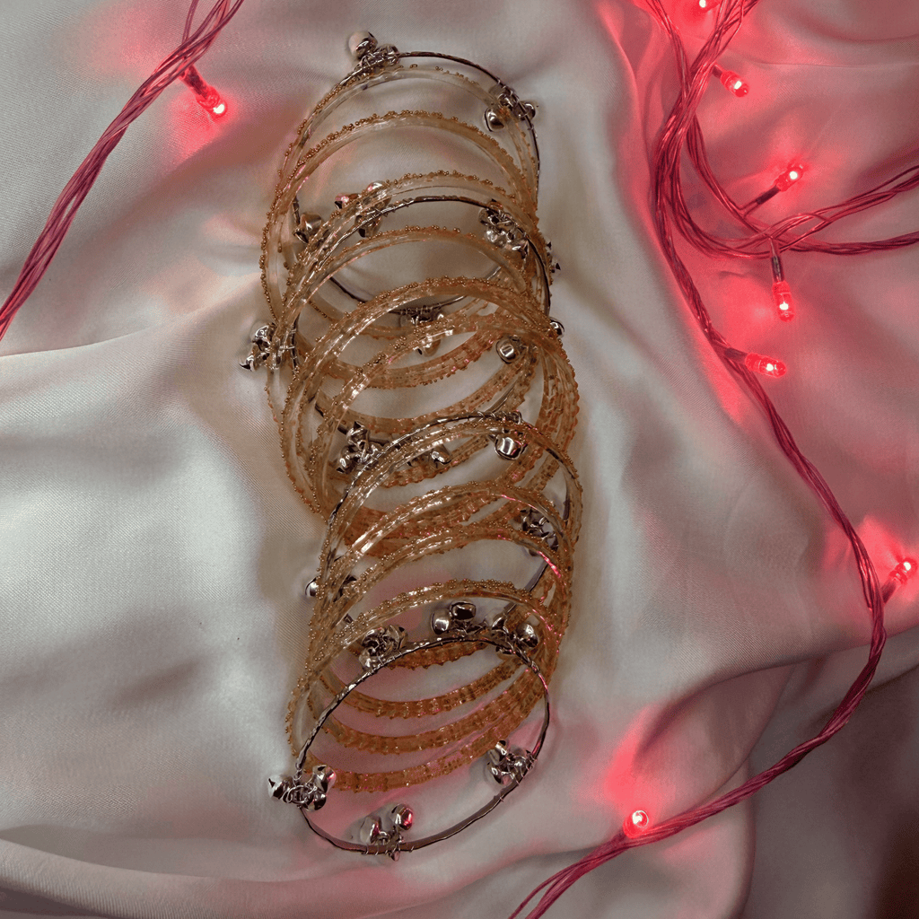 Peach Colour Raindrop Bangles & Silver Kashmiri Ghungru Bangles