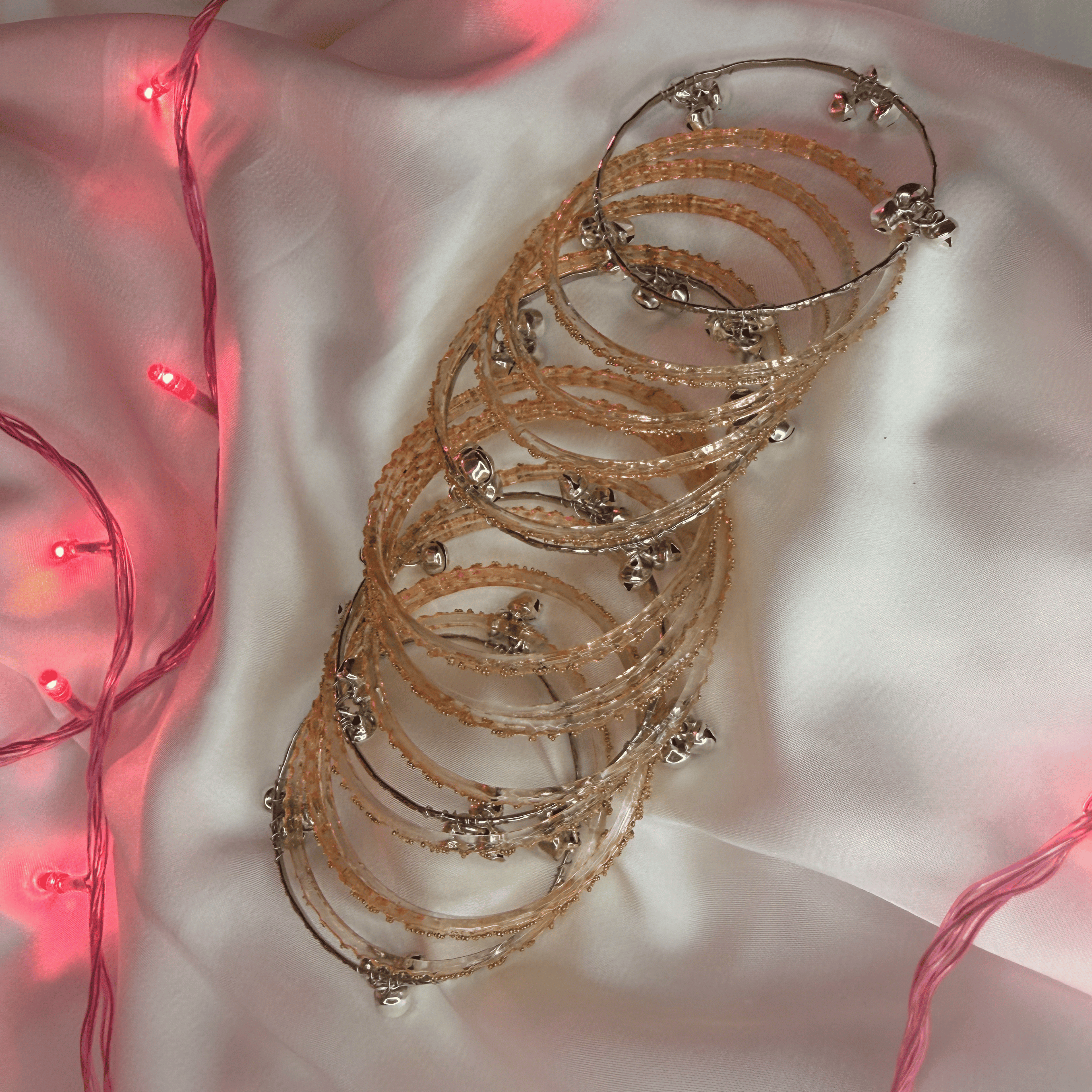 Peach Colour Raindrop Bangles & Silver Kashmiri Ghungru Bangles