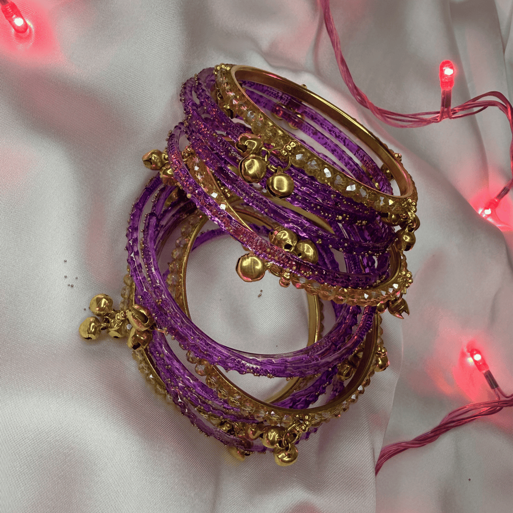 Purple Colour Raindrop Bangles & Golden Stones Kashmiri Ghungru Bangles