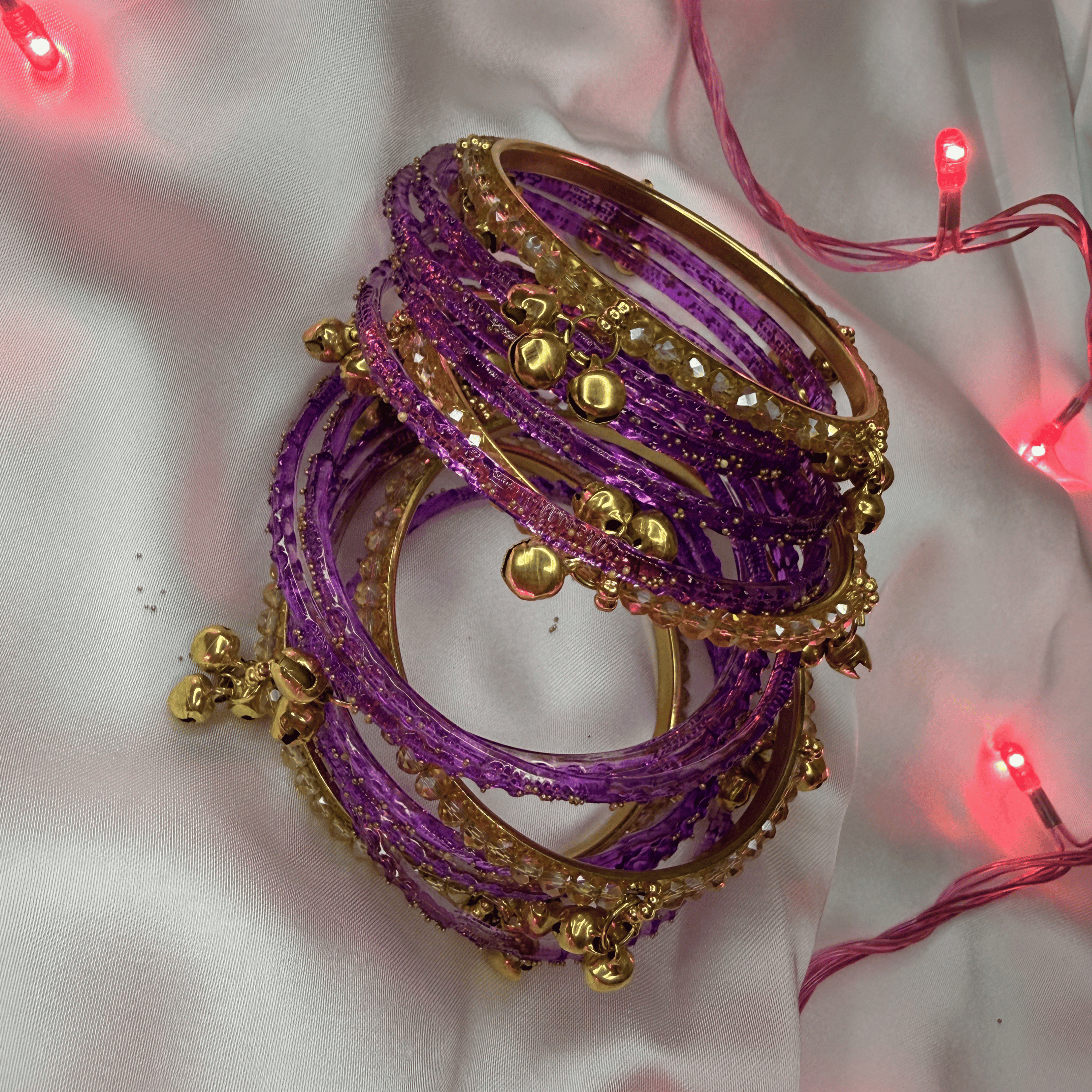 Purple Colour Raindrop Bangles & Golden Stones Kashmiri Ghungru Bangles