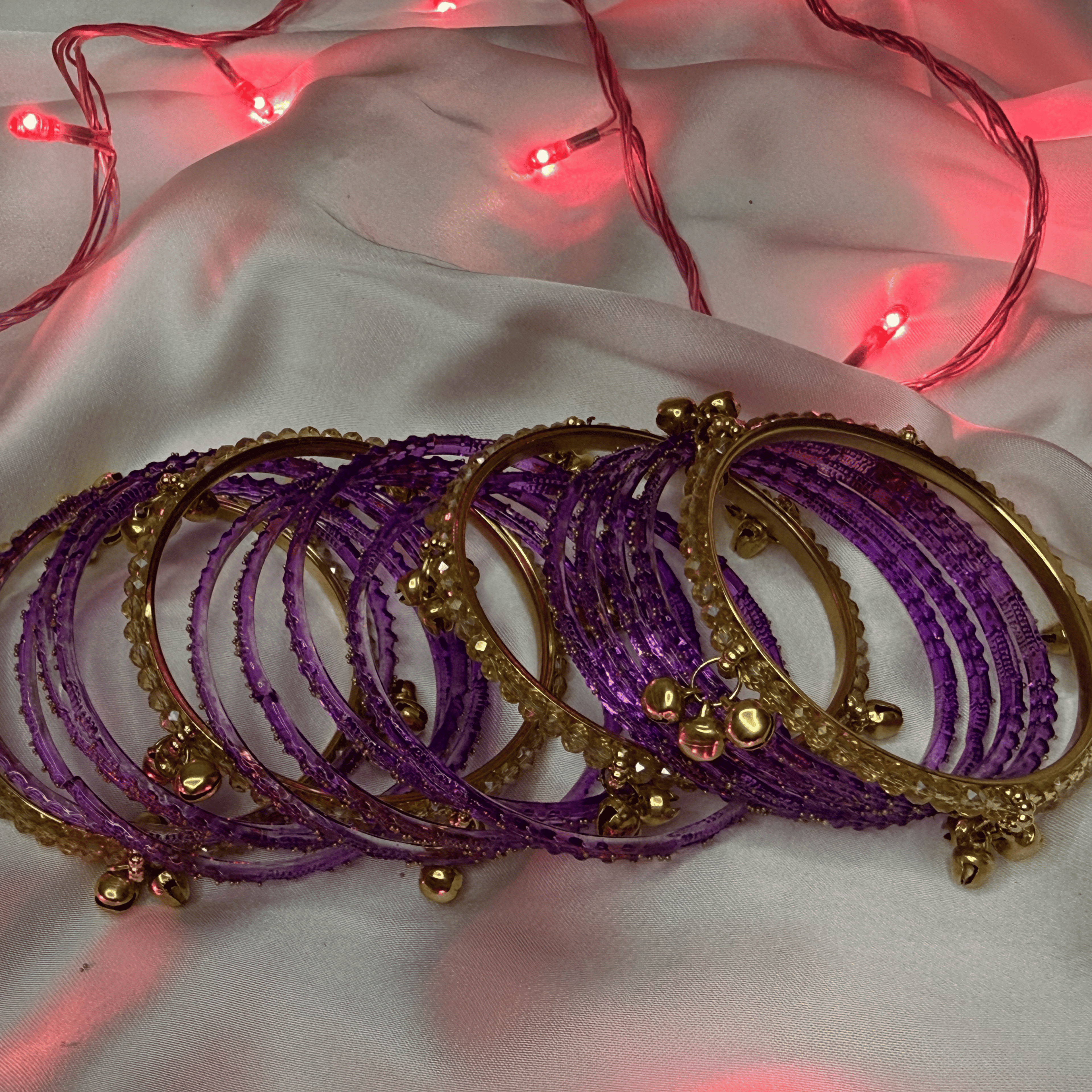 Purple Colour Raindrop Bangles & Golden Stones Kashmiri Ghungru Bangles