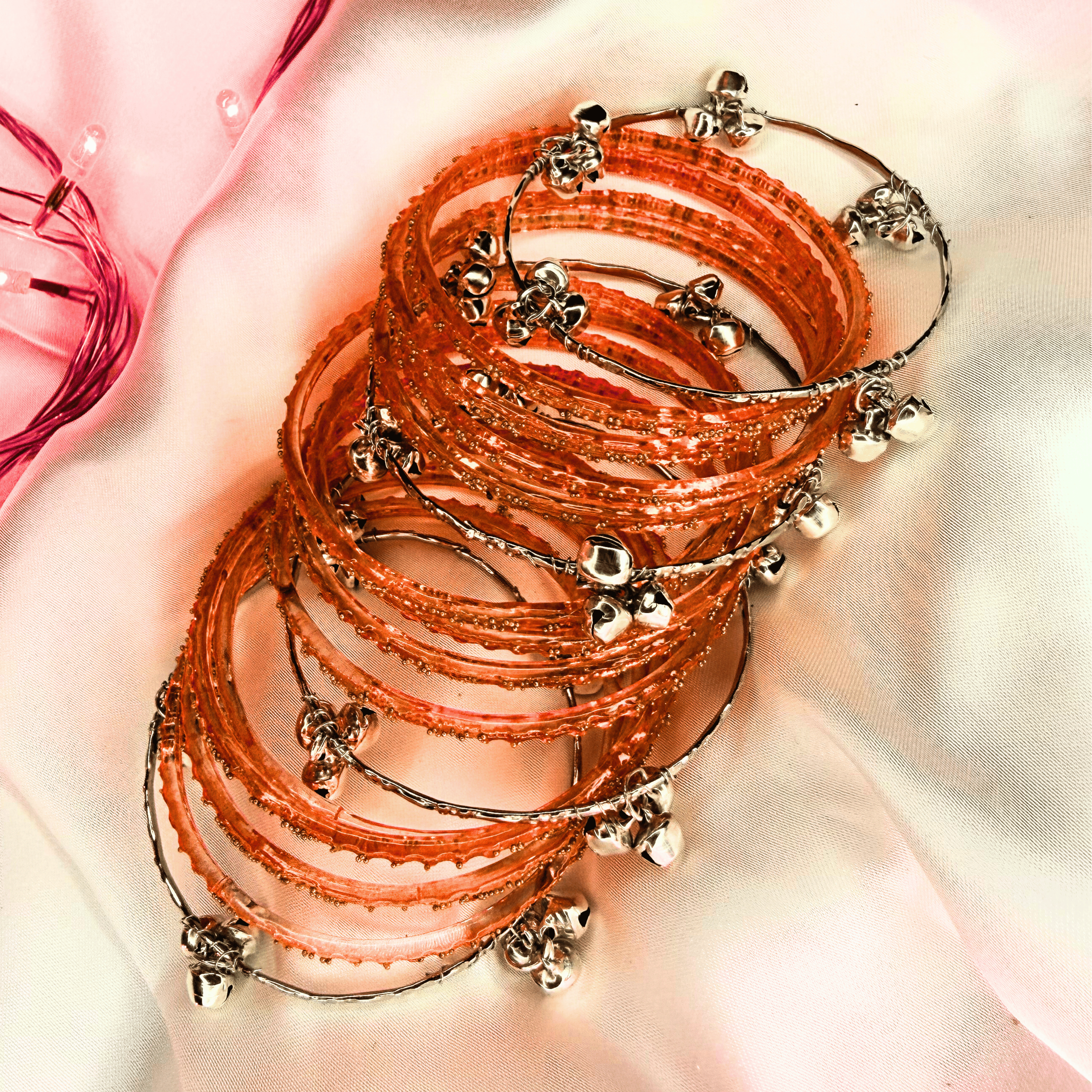 Red Colour Raindrop Bangles & Silver Kashmiri Ghungru Bangles